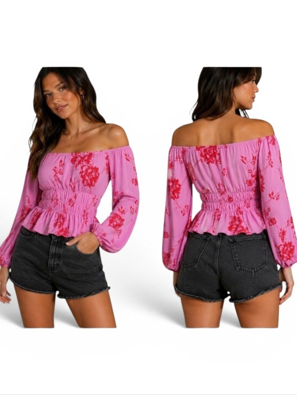 NWOT Entro Pink Floral Smocked Peplum Off Shoulder Top Size Small